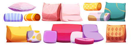 Cartoon pillow and cushion collection of various shapes, patterns and colors. Decorative rectangular, square and bolster designs in soft pastel shades with geometric prints for cozy home interior.のイラスト素材