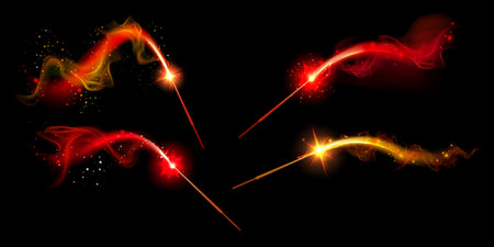 Magic wand sparkle effects set - luminous red and golden energy trails with glowing particles and bright flares on dark background. Mystical spell casting elements for fantasy or sorcery game design.のイラスト素材