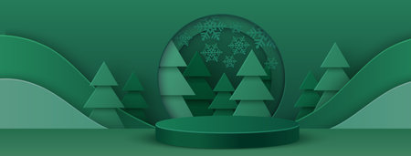 Green winter abstract landscape with circular podium - geometric paper cut pine forest, snowflakes flying in round frame, layered hills. Christmas and New Year product display or congratulation bannerのイラスト素材