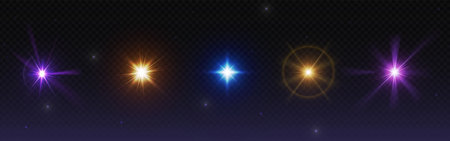 Glowing glint and glare light effects set - bright multicolored star sparkles, shining golden sunburst, radiant purple flares, luminous blue light beams. Realistic magical effects or photo overlays.のイラスト素材