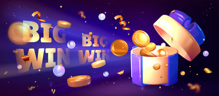 Big win banner with gift box and money on dark blue background. Vector realistic illustration of open round box with ribbon bow, golden coins, confetti and streamer flying, banner with burst effectのイラスト素材