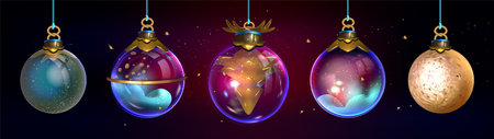 Gold decorated glass baubles set - magical Christmas ornaments with glowing and sparkling particles inside transparent spheres with metallic caps. Hanging 3d decoration elements on dark background.のイラスト素材