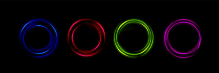 Neon ring collection - luminous circular frames in blue, red, green and pink colors. Glowing lined geometric shapes with sparkle effect on dark background. Futuristic interface design elements.のイラスト素材