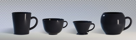 Black mugs set isolated on transparent background. Vector realistic illustration of blank cup mockups with handles, glossy ceramic surface for corporate branding, vessels for hot drinks, kitchenwareのイラスト素材