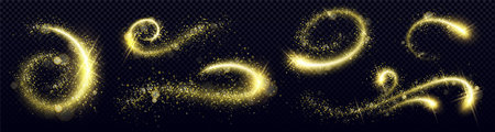 Gold glitter swirl set with shining sparkle trails - luminous curved paths decorated by magical stardust particles and bright twinkles on dark background. Festive decoration or fantasy design.のイラスト素材