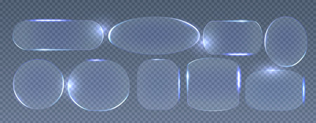 Neon glass frame collection with luminescent geometric elements - blue translucent shapes with radiant borders on dark backdrop. Various rectangle, circle and rounded designs with glowing edges.のイラスト素材