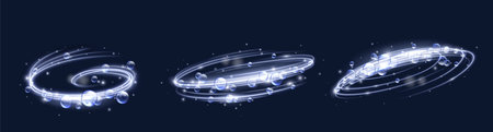 Bubble swirl effect designs with transparent circular shapes, glowing blue edges and floating spheres. Luminous spiral patterns of underwater movement illusion for laundry and body care design.のイラスト素材