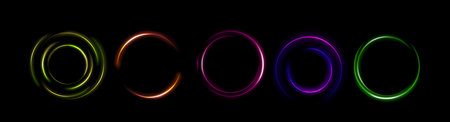 Neon light circles set isolated on black background. Vector realistic illustration of round yellow, orange, blue, green color portal glowing in darkness, futuristic portal design, abstract space swirlのイラスト素材