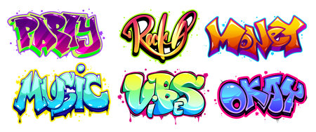 Graffiti art words set isolated on white. Vector cartoon illustration of party, rock, money, music, vibe, okay bright neon color text written on surface with paint stains and blots, cool doodle fontのイラスト素材