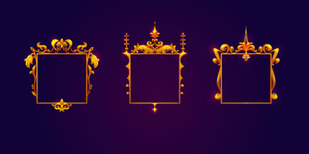 Royal golden frames set for game user interface isolated on background. Vector cartoon illustration of medieval fancy yellow metal borders with gemstone decoration, level rank decoration for avatarのイラスト素材