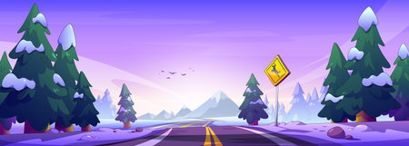 Winter forest road panorama - snowy highway through green pines toward mountains. Scenic landscape with snow capped trees, warning sign, flying birds and frost covered hills. Pathway for travel.のイラスト素材