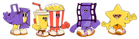 Groovy cinema mascot set - cheerful spotlight, beverage cup, popcorn bucket, film strip and celebrity star wearing retro shoes. Movie theater characters with expressive faces and friendly gestures.のイラスト素材