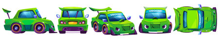 Kid race car cartoon character set with cute green vehicle shown from different angles - front, back, side and top views. Children sport automobile with expressive headlights and bright vroom text.のイラスト素材