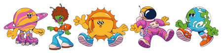 Groovy universe collection with cosmic cartoon characters. Saturn on roller skates, funky alien in retro outfit, bright sun wearing headband, spacewalking astronaut and Earth planet mascot walking.のイラスト素材