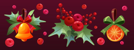 Holly berry Christmas set - golden bell with red bow, spiky green leaves with crimson berries and decorative orange slice tied with ribbon. Traditional winter holiday elements for festive design.のイラスト素材