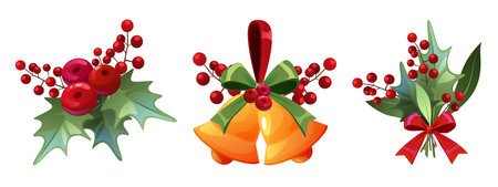 Holly berry branches set isolated on white. Vector cartoon illustration of winter holiday decor, bunch of green plant with red berries, golden bells and ribbon bow decoration, Christmas card elementのイラスト素材