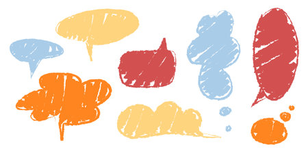 Colorful crayon textured speech bubble collection - dialogue shapes in rough sketchy style and pastel colors. Oval, cloud and rectangular chat frames. Hand drawn communication talk balloon elements.のイラスト素材