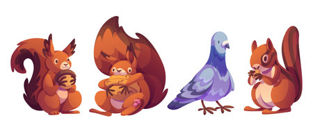 Cute cartoon characters set - fluffy squirrels holding acorn and nut in different poses and peaceful dove with purple gray plumage. Adorable forest creatures collection for children book or stickers.のイラスト素材
