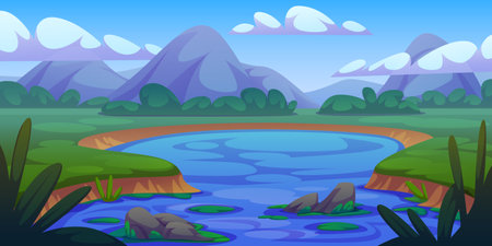Scenic pond landscape with blue water, mossy rocks surrounded by grassy shores and mountain backdrop. Peaceful natural environment with distant rocky peaks, fluffy clouds and lush vegetation.のイラスト素材