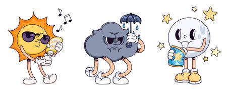 Groovy weather characters set isolated on white. Contemporary vector cartoon illustration of sun with spf sunscreen bottle, angry rainy cloud with umbrella, moon eating snack, 90s doodle mascotsのイラスト素材