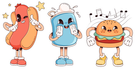 Groovy fast food characters set isolated on white. Contemporary vector cartoon illustration of happy hot-dog, foamy soda can, singing burger mascots with faces, legs and arms, restaurant menu elementsのイラスト素材