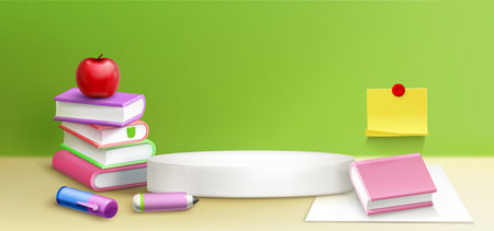 School themed 3D composition with white round podium, stacked textbooks in colorful covers, bright red apple on top, pens near display platform, yellow sticky note attached to green wall background.のイラスト素材