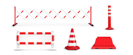 Road barrier set with red and white striped elements - expandable fence, safety barrier, traffic cone, plastic divider and warning post. Transportation protective equipment for construction zones.のイラスト素材