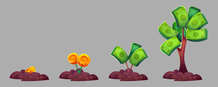 Money tree cartoon growth stages - golden coin seed sprouting into plant with gold coins flowers, developing green dollar bill leaves, maturing into currency foliage. Progressive wealth evolution.のイラスト素材