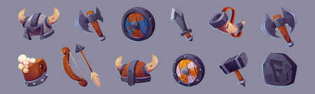 Viking game icons set isolated on background. Vector cartoon illustration of medieval weapons, wooden round shield, arch and arrow, warrior helmet, stone and iron sword, axe and hammer, knight itemsのイラスト素材