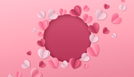 Paper heart Valentine day banner with circular frame - decorative border made of folded rose, pink and red romantic shapes with message placement. Greeting card or seasonal promotion design.のイラスト素材