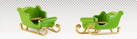 Green 3d sleigh model with metallic golden runners - festive winter transportation object from different angles with curved details and shiny surfaces. Christmas and New Year holiday decoration.のイラスト素材