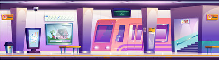 Subway station with platform and train. Vector cartoon illustration of urban public transport for commuters, metro routes map, arrival display on ceiling, waste bins and benches, passenger serviceのイラスト素材