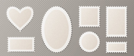 Postcard stamp frames collection in various shapes - heart, oval, circle and rectangles. White perforated borders with shadows on transparent background. Vintage mail and scrapbooking design elements.のイラスト素材