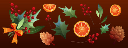 Holly berry branches, orange, pine cones on brown. Vector cartoon illustration of winter holiday decor, bunch of green plant with red berries, lemon and ribbon decoration, Christmas card backgroundのイラスト素材