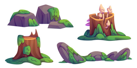 Swamp stones and stumps covered with moss set isolated on white. Vector cartoon illustration of jungle landscape elements, old rocks, mushrooms growing on tree trunk, tropical forest lake vegetationのイラスト素材