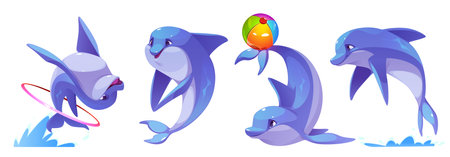 Cute dolphin character set in playful poses - performing tricks with beach ball, jumping through pink ring, splashing in water. Cartoon marine mammal in bright blue color with cheerful expressions.のイラスト素材