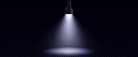 Flashlight beam in darkness creating searchlight effect on transparent background - black torch with lamp producing bright illuminated cone with soft edges and gradient lighting. Spotlight overlay.のイラスト素材