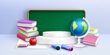School 3D scene with circular white podium, stacked educational books, bright red apple, globe model, colorful markers and pens, green chalkboard and learning materials for learning presentation.のイラスト素材