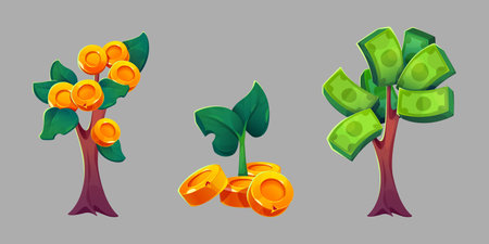 Money trees set isolated on background. Vector cartoon illustration of golden coins and paper dollar bills growing on plant, successful investment, finance management, business development conceptのイラスト素材
