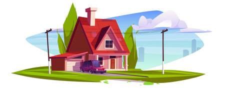 Cartoon suburban house with red roof, garage, parked car and green lawn landscape. Residential cottage exterior with power lines, distant skyscrapers silhouettes and bright sky for neighborhood designのイラスト素材