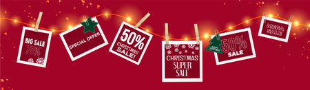 Christmas sale tags hanging on bright glowing garland with wooden and paper clips on red background with confetti. Holiday discount cards decorated with snowflakes, star, tree offering special deals.のイラスト素材