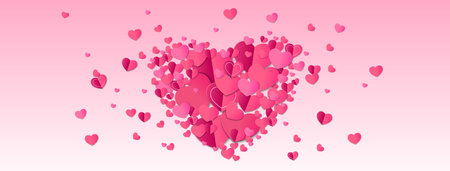 Layered heart mosaic pattern forming large romantic symbol on soft pink gradient background. Multiple scattered paper cut love shapes for Valentine day congratulation design. Romance wedding banner.のイラスト素材