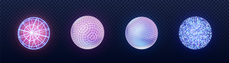 Tech sphere 3d collection with glowing neon particles. Digital abstract globes with luminous geometric patterns in purple, blue and turquoise colors. Futuristic holographic orbs design elements.のイラスト素材