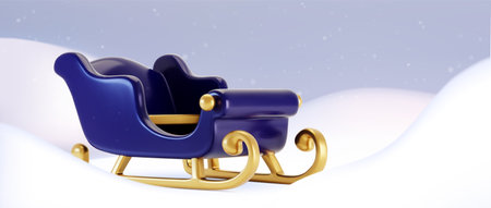 3d deep blue sleigh with golden ornate runners on snowy winter background - traditional transport with curved metallic details on white drifts and falling snowflakes. Christmas festive design.のイラスト素材