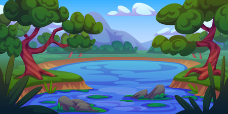 Summer lake on mountain valley background. Vector cartoon illustration of beautiful green scenery with park trees and bushes, stones in blue river water, grass, clouds in sky, sunny camping siteのイラスト素材