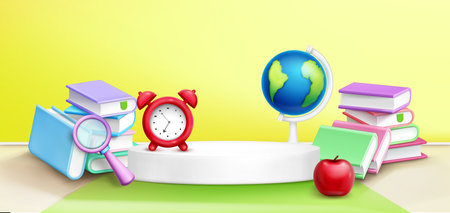 School composition with white round podium and stacked textbooks, magnifying glass, red alarm clock, globe stand and fresh apple. Bright educational supplies on yellow background for learning concept.のイラスト素材