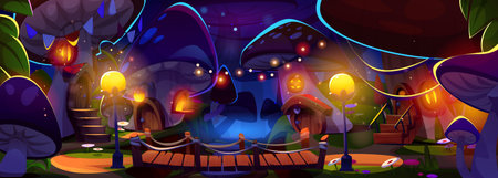 Magic mushroom village at night - glowing fairy homes with wooden bridge and luminous lanterns. Fantasy dark forest scene with giant toadstools, twinkling fireflies lights, enchanted pathways.のイラスト素材