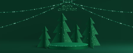 Green Christmas podium display with minimalist paper cut pine trees and glowing string lights. Decorative holiday scene on circular platform for seasonal product presentations or festive promotion.のイラスト素材