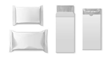 Chocolate bar mockup set with blank wrapper templates - foil sealed snack packets, cardboard boxes with flaps and paper sleeves. Clean white surface packaging design for branding presentation.のイラスト素材
