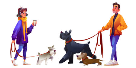 People walking dogs isolated on white. Vector cartoon illustration of young woman with coffee cup and pet on leash, man strolling with animals in city park or street, puppy breeding, family leisureのイラスト素材